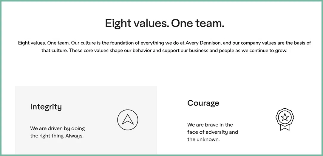 Corporate values display with integrity and courage principles